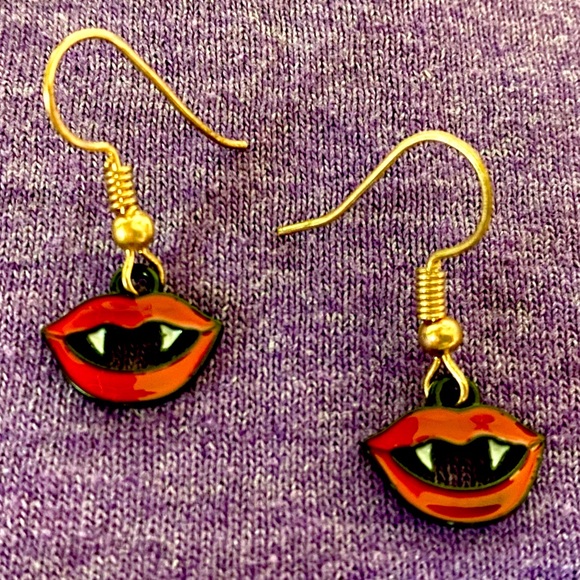 None Jewelry - Fangtastic Horrors EARRINGS | French Hook | Red Lips, Fangs | holiday